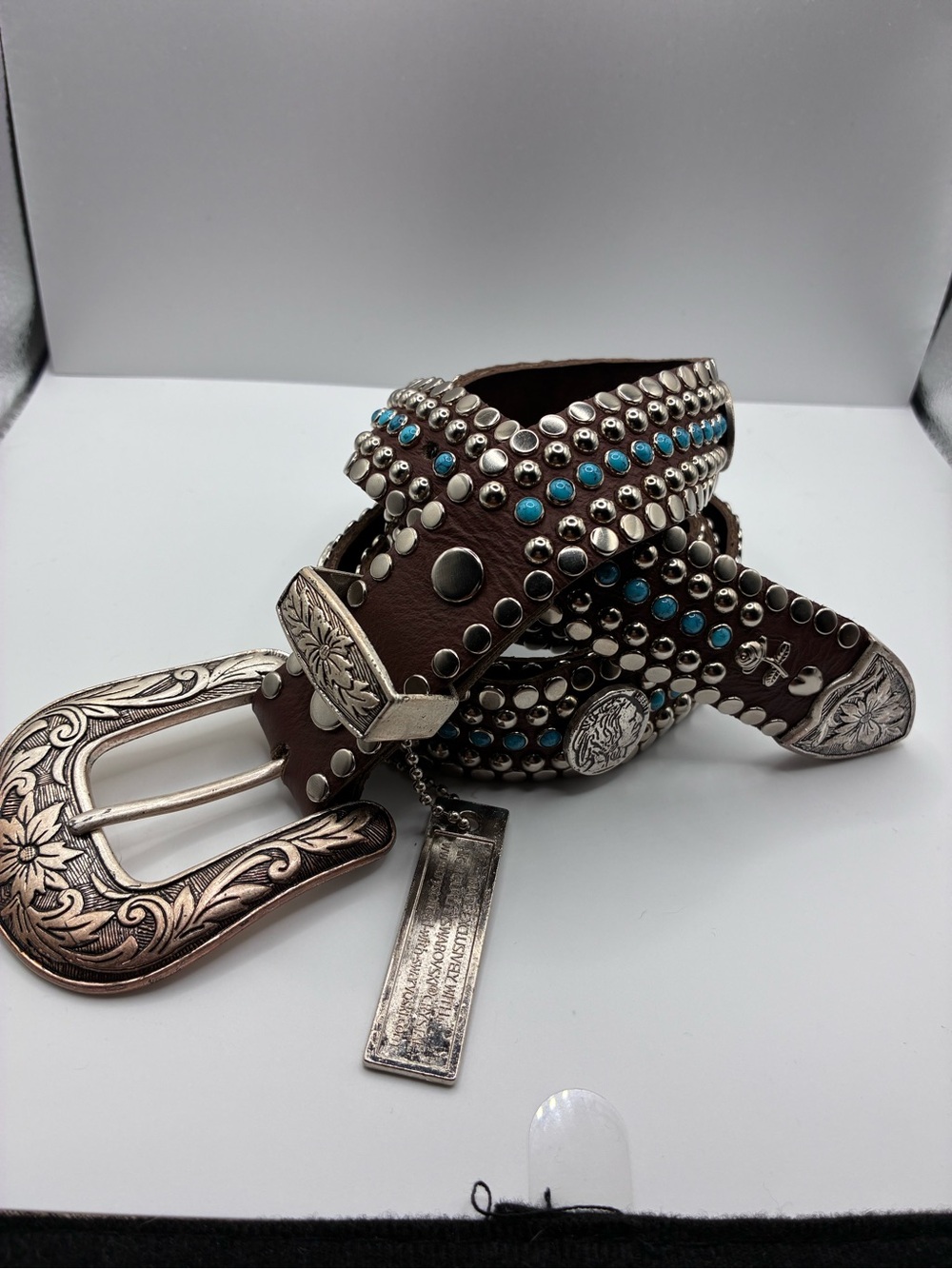 Kippy’s Brown Studded Leather Belt with Turquoise and Silver Accents